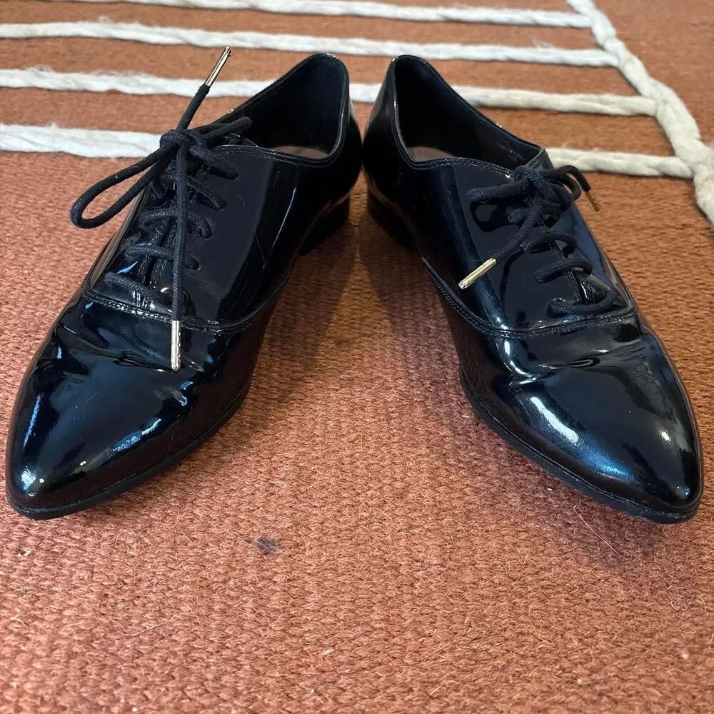 Kate Spade Black Patent Leather Oxfords Size 6M Glossy Dress Shoes Tuxedo Flat